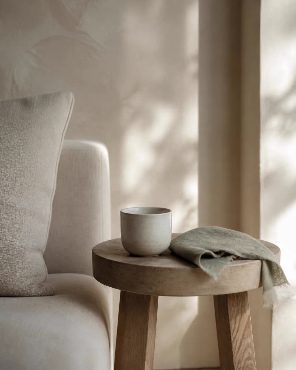 A quiet sunlit corner with a linen chair, wooden side table and a simple ceramic cup